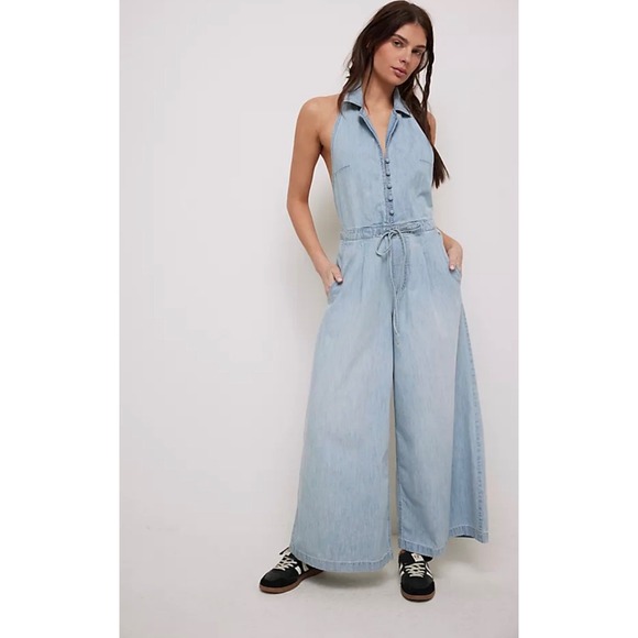 Free People We The Free Dion Jumpsuit Women Blue Denim Halter Wide Leg Boho S - Picture 3 of 15